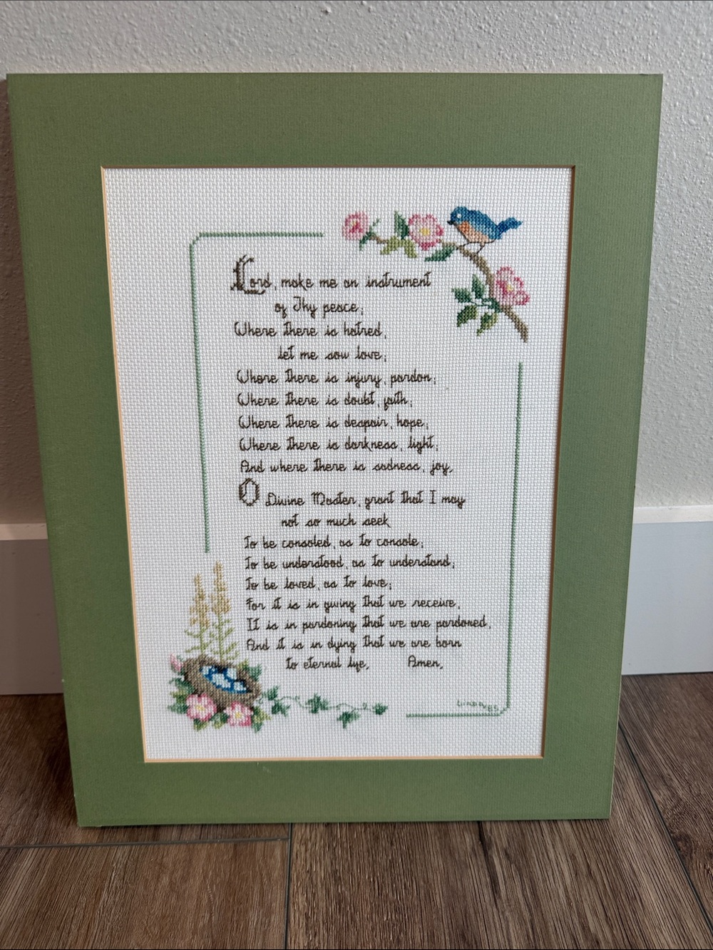 Cross Stitch Prayer with Bird and Floral Motif - Green Mat 1984 signed by Linda